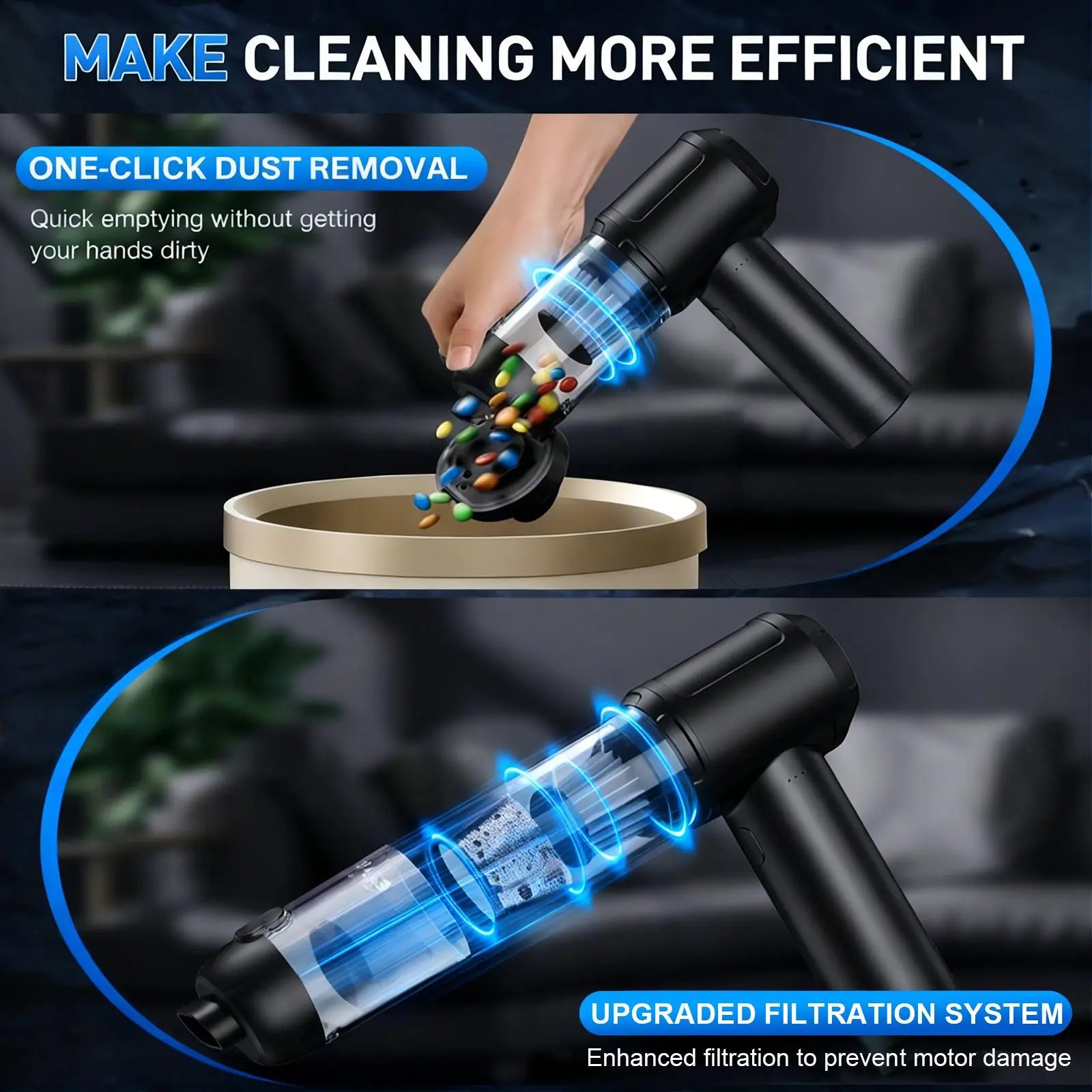 Portable Cordless Car Vacuum Cleaner with 16000Pa Suction Power, 2-in-1 Functionality as Vacuum and Air Duster, High-Power Brushless Motor, 6000mAh Battery, Includes Multi-Nozzles for Car, Home, Office, and Pet Care