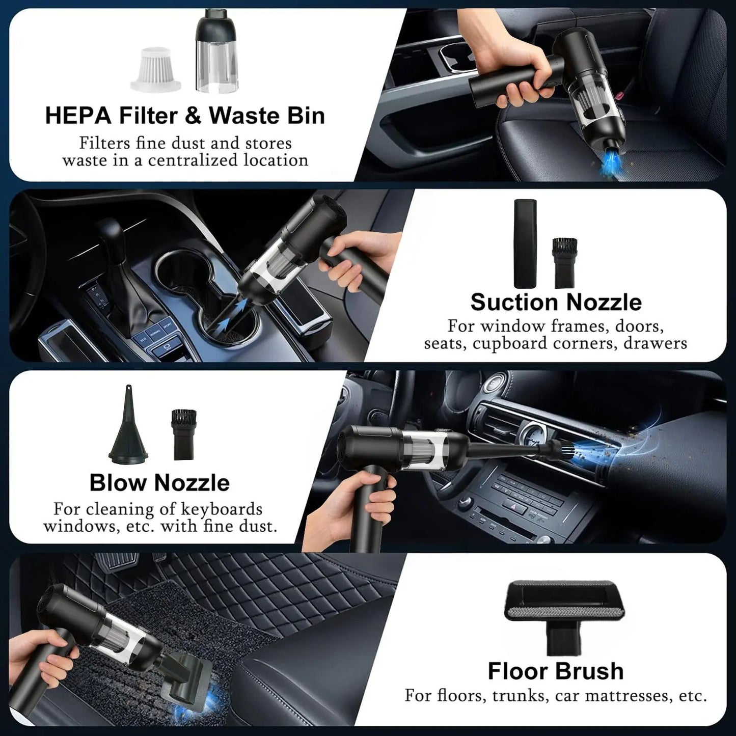 Portable Cordless Car Vacuum Cleaner with 16000Pa Suction Power, 2-in-1 Functionality as Vacuum and Air Duster, High-Power Brushless Motor, 6000mAh Battery, Includes Multi-Nozzles for Car, Home, Office, and Pet Care