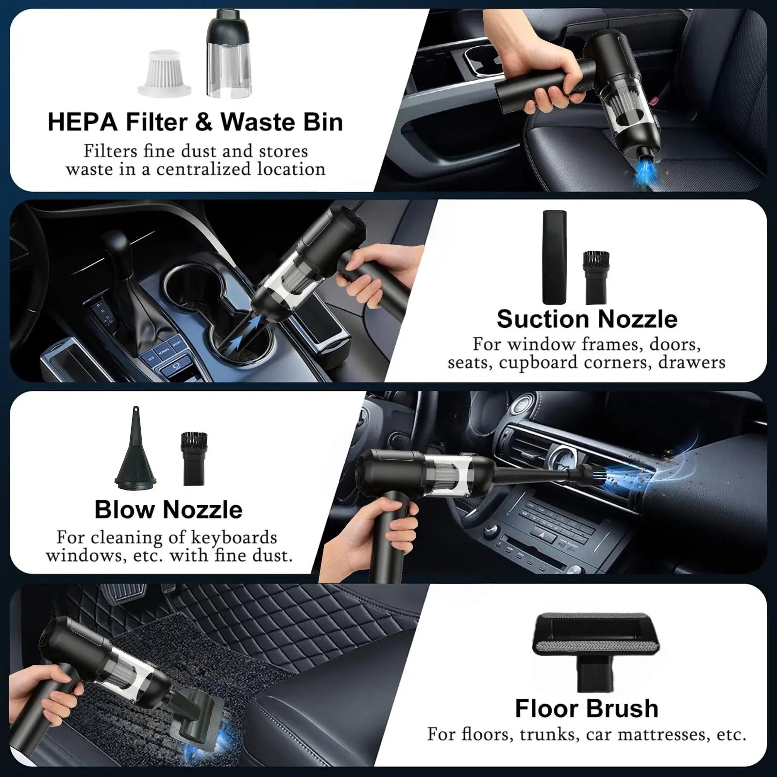 Portable Cordless Car Vacuum Cleaner with 16000Pa Suction Power, 2-in-1 Functionality as Vacuum and Air Duster, High-Power Brushless Motor, 6000mAh Battery, Includes Multi-Nozzles for Car, Home, Office, and Pet Care