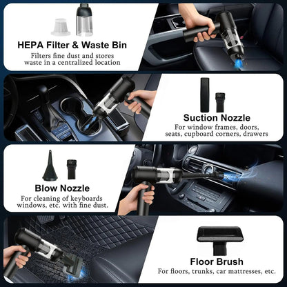 Portable Cordless Car Vacuum Cleaner with 16000Pa Suction Power, 2-in-1 Functionality as Vacuum and Air Duster, High-Power Brushless Motor, 6000mAh Battery, Includes Multi-Nozzles for Car, Home, Office, and Pet Care