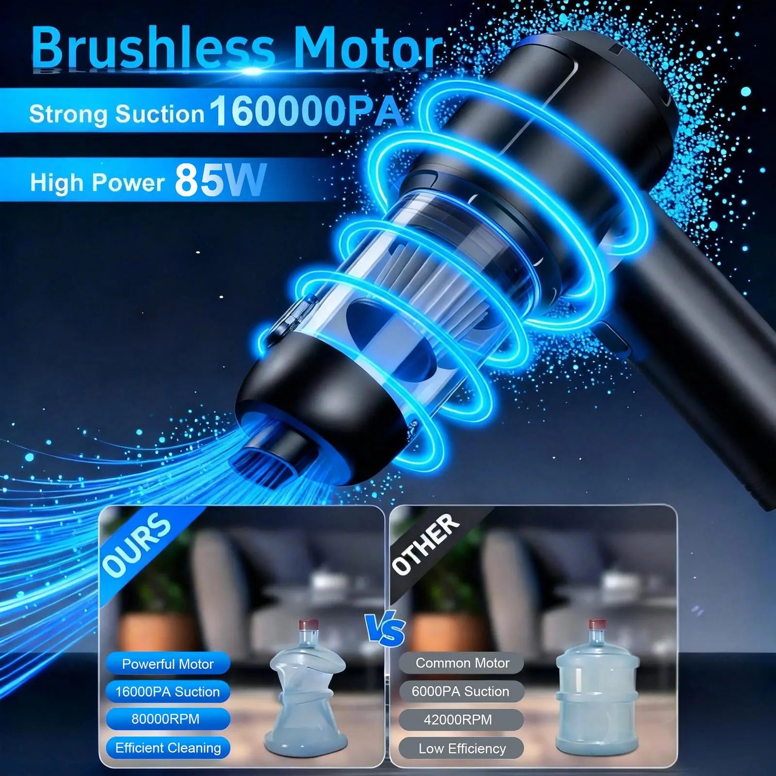 Portable Cordless Car Vacuum Cleaner with 16000Pa Suction Power, 2-in-1 Functionality as Vacuum and Air Duster, High-Power Brushless Motor, 6000mAh Battery, Includes Multi-Nozzles for Car, Home, Office, and Pet Care